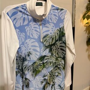 GOLFINO Women’s Light Blue Tropical Print Zip-Front Button Down Shirt